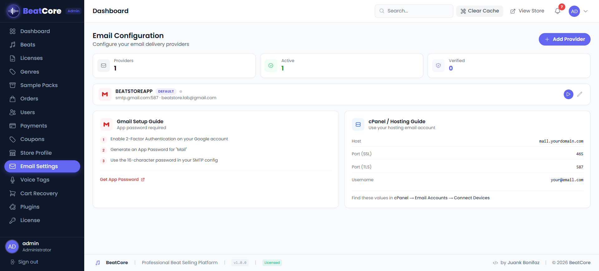 BeatCore Email SMTP Settings