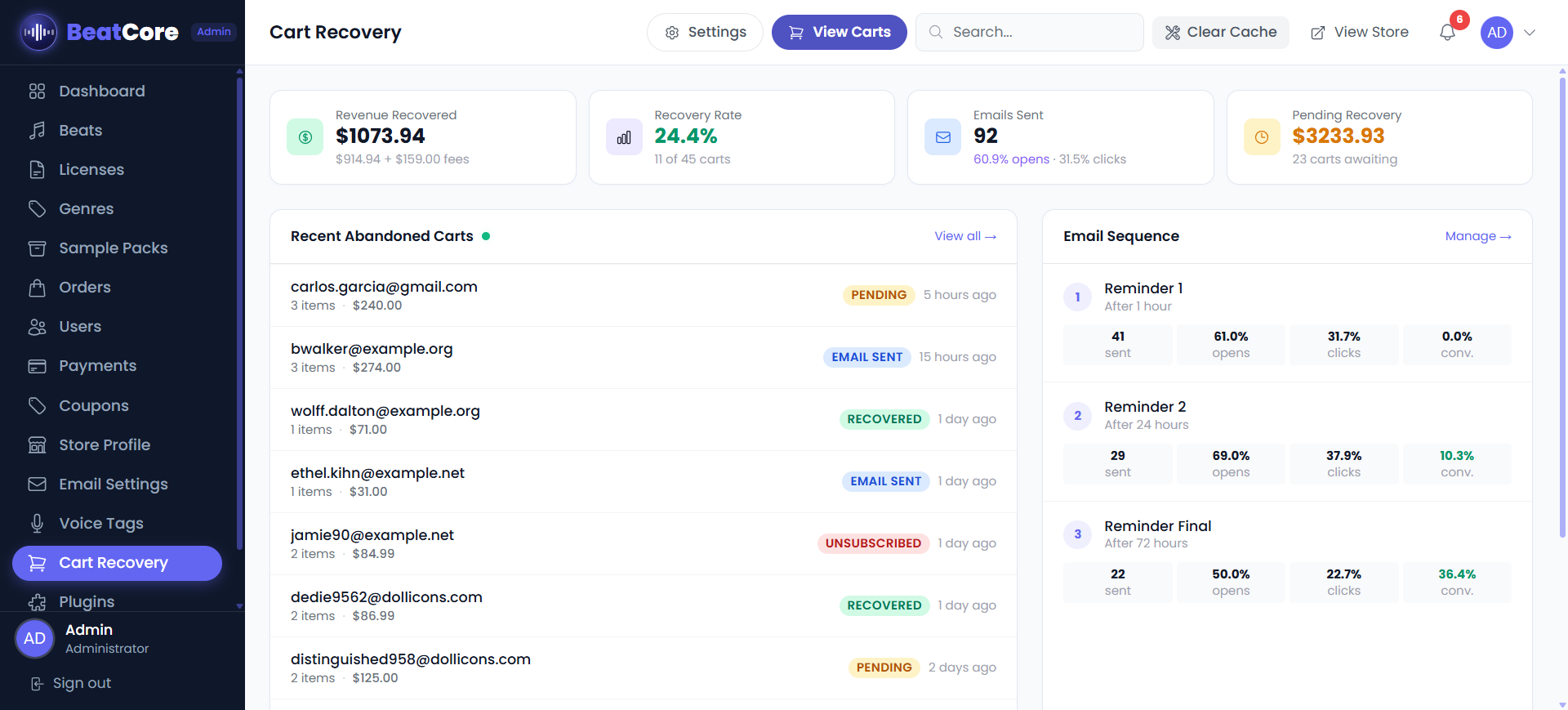 Cart Recovery — Settings